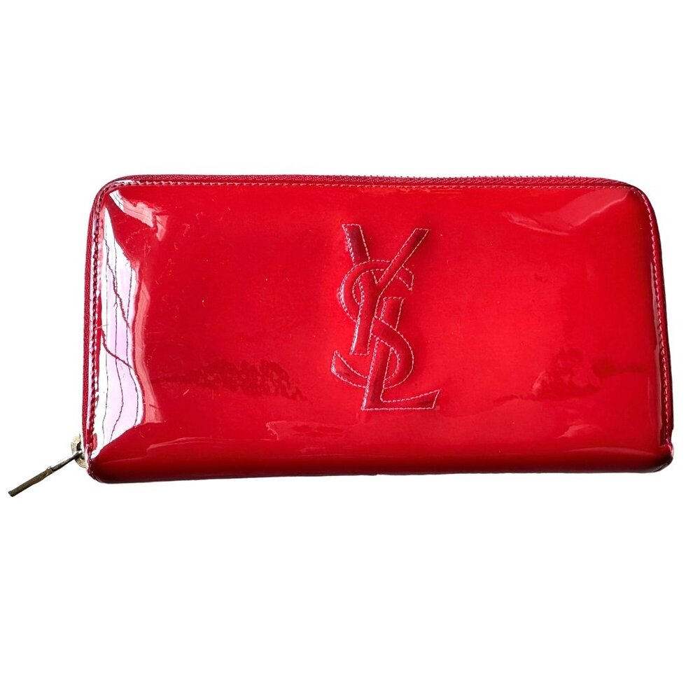 Ysl Yves Saint Laurent Red Patent Leather Zippy Wallet